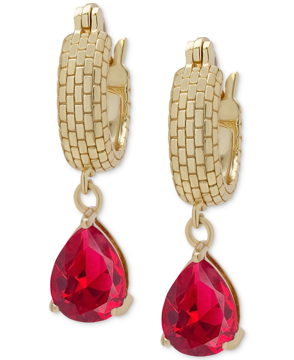 Macy's Lab Grown Ruby Pear Dangle Textured Hoop Earrings (2 Ct. T.w.) In 14k Gold-plated Sterling Silver In Ruby