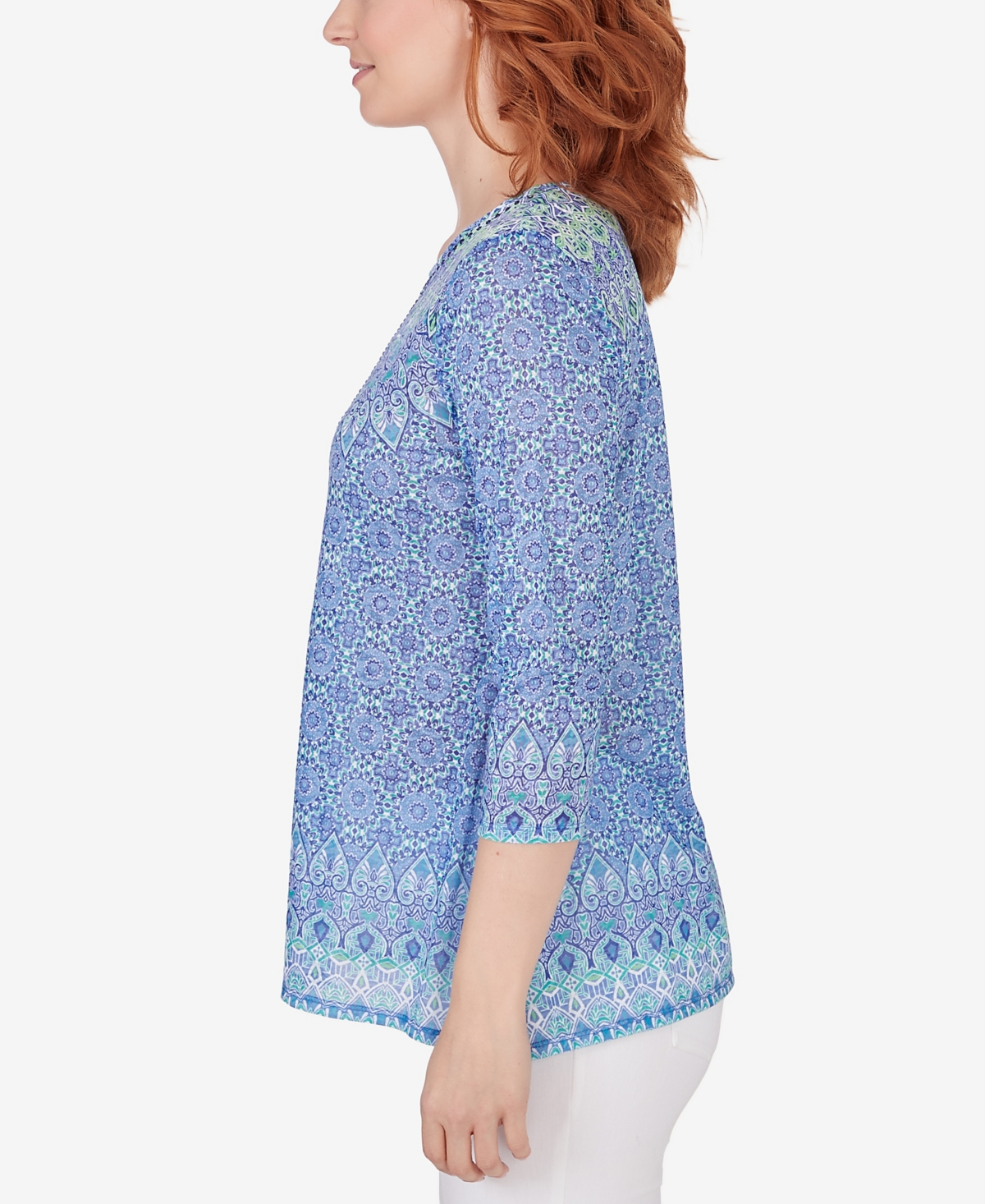 Shop Ruby Rd. Petite Burnout Geometric Knit Top In Blue Moon Multi