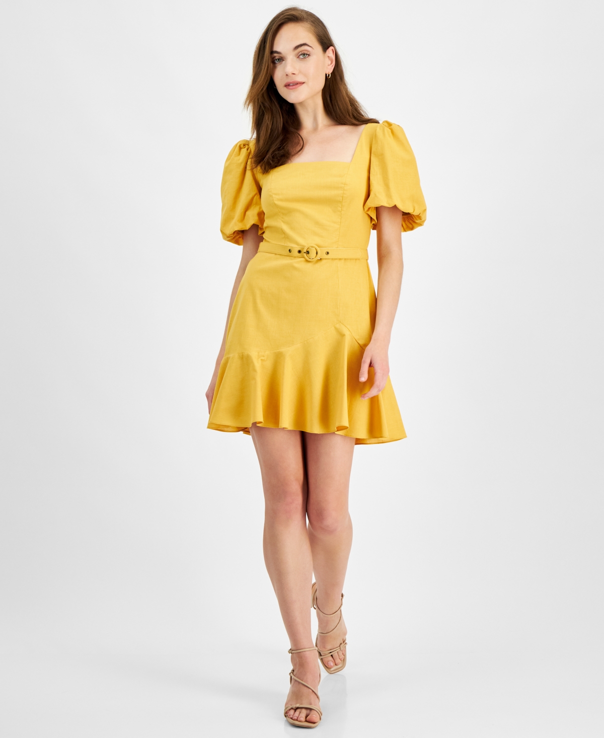 City Studios Juniors' Cotton Balloon-sleeve Belted Mini Dress In Yellow