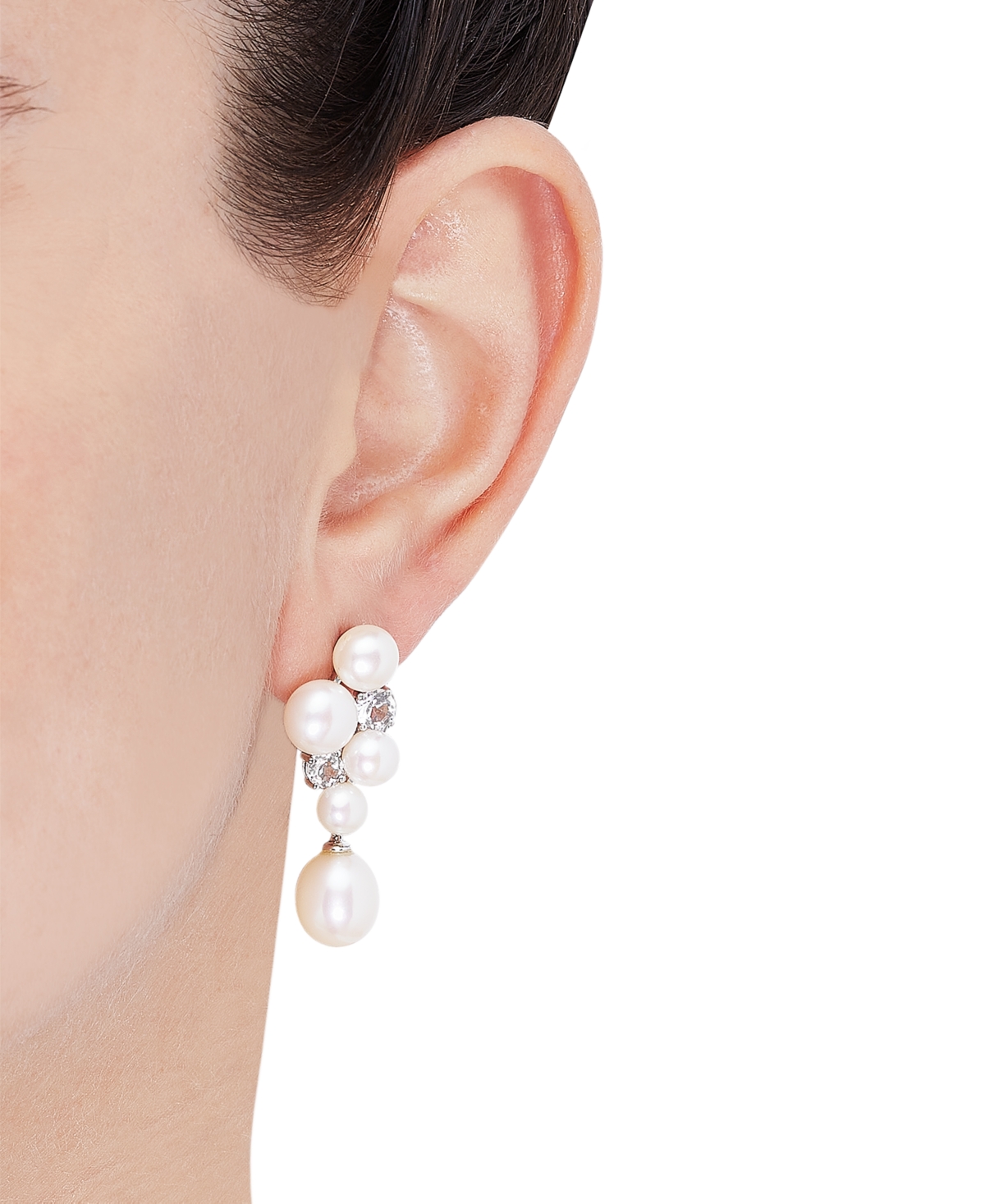 Arabella Freshwater Pearl (5-1/2-9-1/2mm) & Cubic Zirconia Cluster Drop Earrings In Sterling Silver In Sterling Silver
