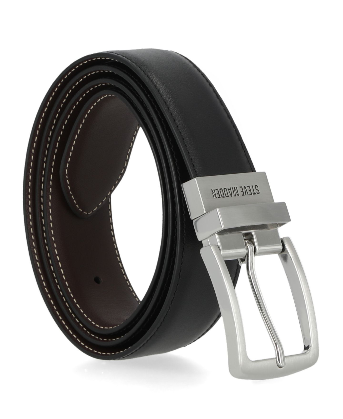 Мужской ремень Steve Madden 35mm Feather Edge Reversible Belt, цвет: Чёрный / Коричневый — фото 1