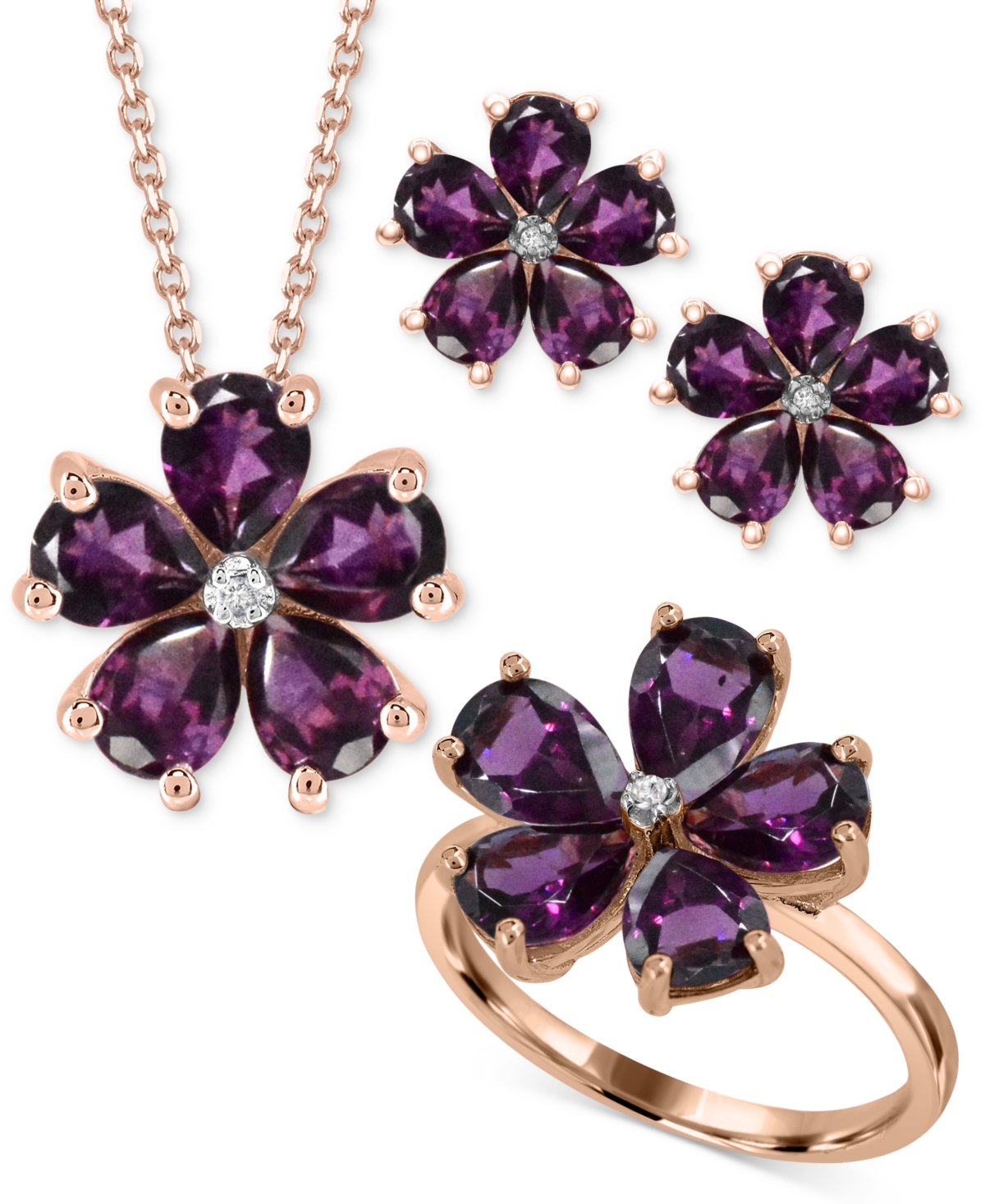 Macy's Rhodolite (3-1/2 Ct. T.w.) & Diamond Accent Flower Ring In 14k Rose Gold-plated Sterling Silver In Rhodolite