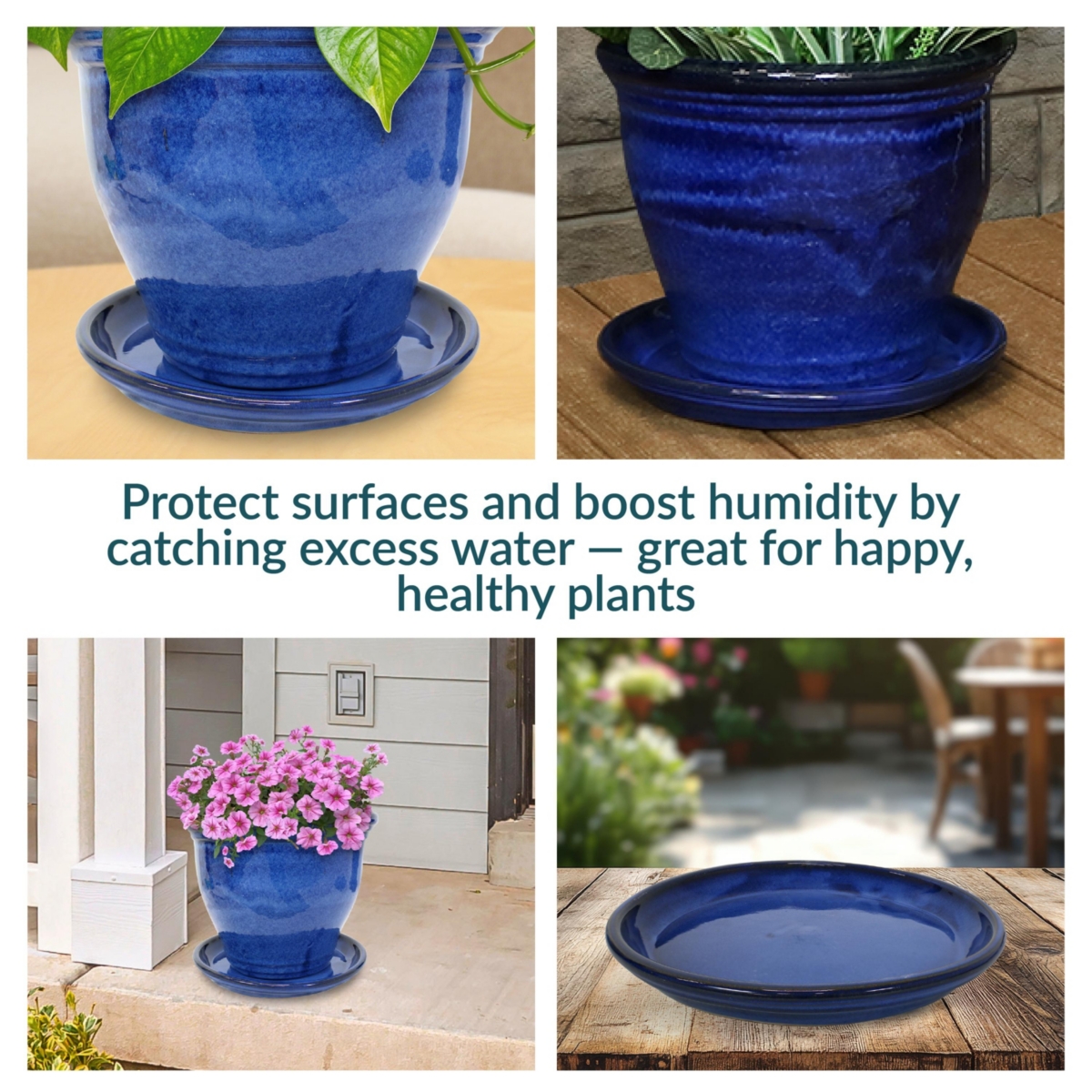 Sunnydaze Decor Glazed Ceramic Flower Pot/Plant Saucer - Blue - Set of 2