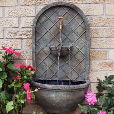 Messina 26-Inch Polystone Solar Outdoor Wall Water Fountain with Battery Backup, Pump and Panel - Florentine Stone