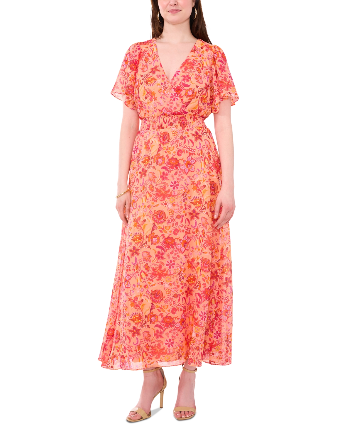 Sam & Jess Women's Printed Flutter-sleeve Smocked-waist Maxi Dress In Red