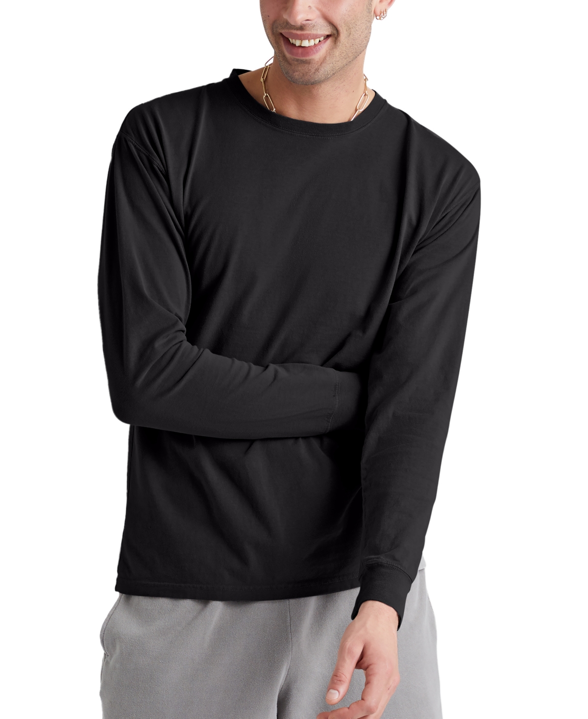 Shop Hanes Unisex Garment Dyed Long Sleeve Cotton T-shirt In Black