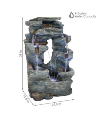 Dual Cascading Rock Falls 39-Inch Outdoor Water Fountain with LED Lights - Electric Submersible Pump