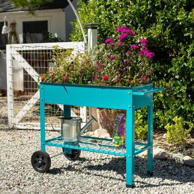 Outdoor Galvanized Steel Raised Mobile Elevated Planter Cart with Handlebar and Wheels - 43"