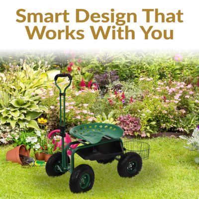 Garden Seat with Wheels - Rolling Garden Stool with Extendable Steer Handle, Swivel Seat and Utility Tool Tray - Green