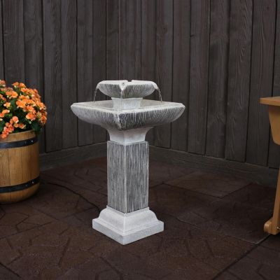25-Inch Square 2-Tier Outdoor Bird Bath Water Fountain - LED Lights - Electric Submersible Pump with Adjustable Flow