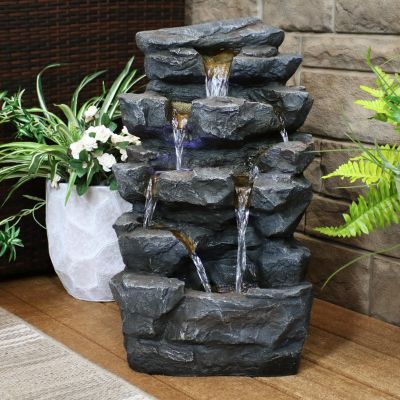 24-Inch Grotto Falls Polyresin Outdoor Water Fountain with LED Lights