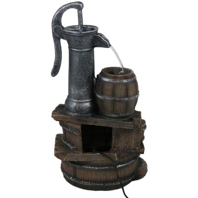 Cozy Farmhouse Pump and Barrels 23-Inch Outdoor Fountain with LED Lights - Polyresin - Electric Submersible Pump