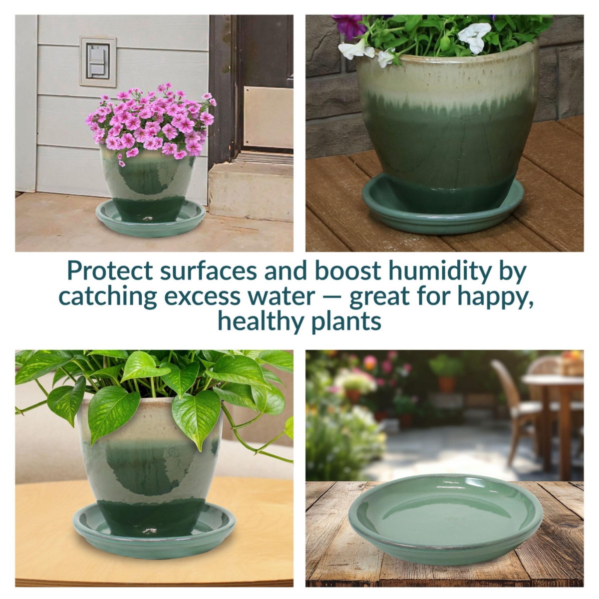 Sunnydaze Decor Glazed Ceramic Flower Pot/Plant Saucer - Seafoam - Set of 4