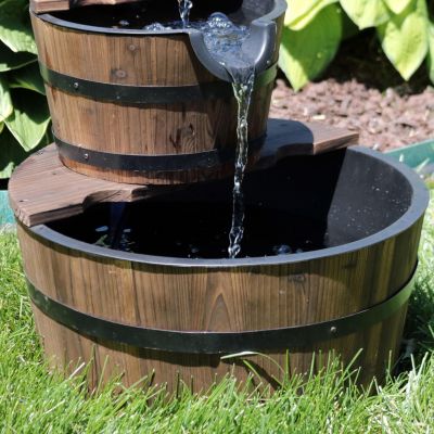 Country Wood Barrel 23-Inch 2-Tier Water Fountain - Electric Submersible Pump
