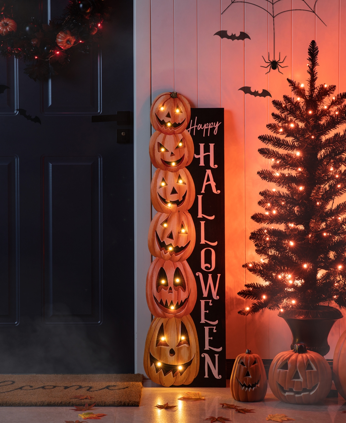 Glitzhome 42"h Lighted Halloween Wooden Stacked Pumpkins Porch Sign With Timer In Multi