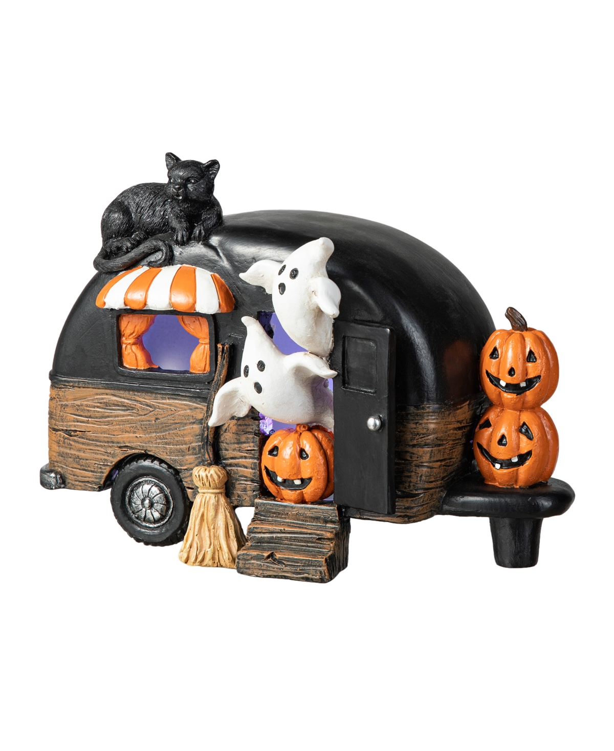 Glitzhome 9.25''l Halloween Polyresin Lighted Camper W/ghost Pumpkin Black Cat Table Decor In Multi