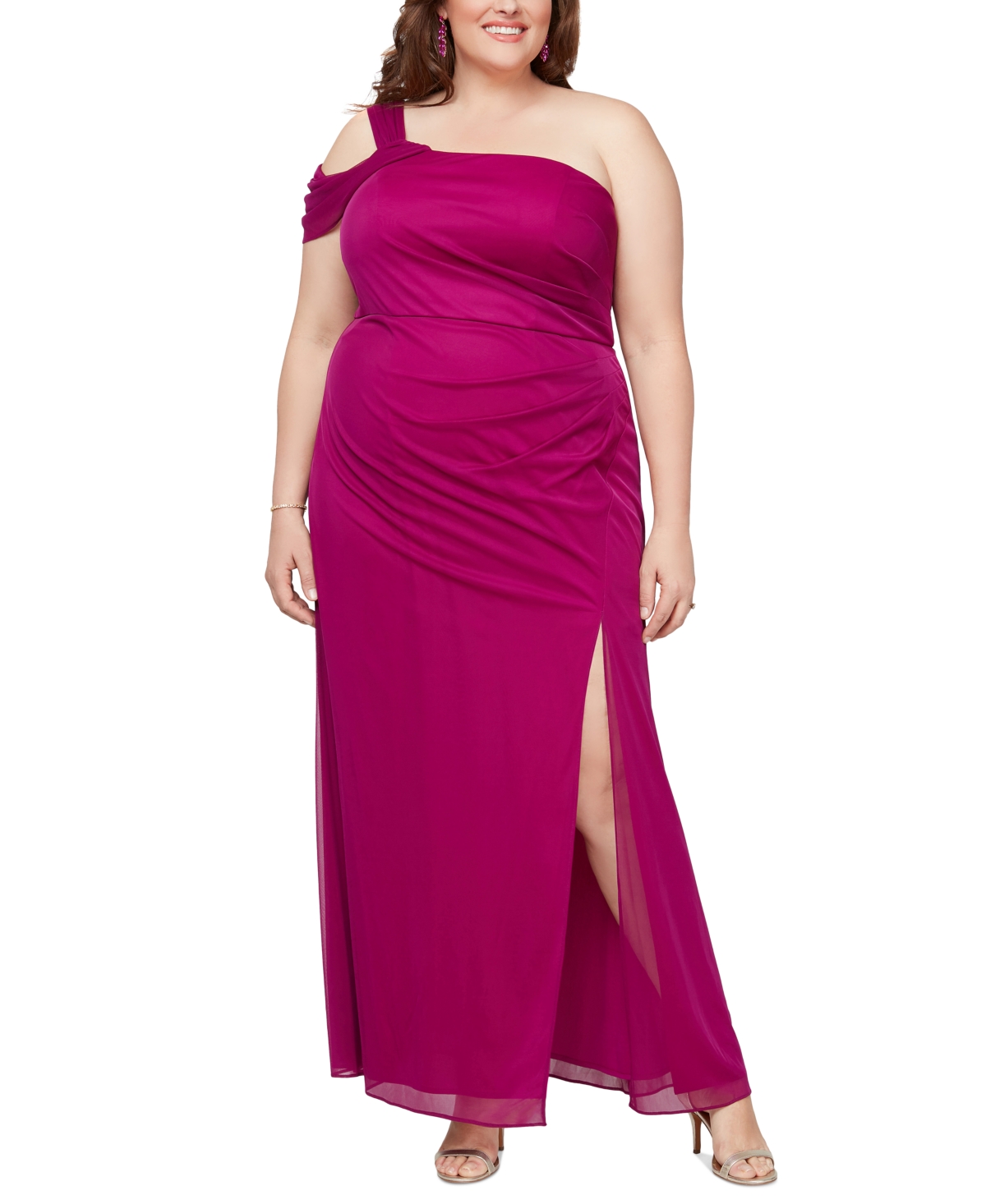 Plus Size One-Shoulder Draped Evening Dress - Magenta