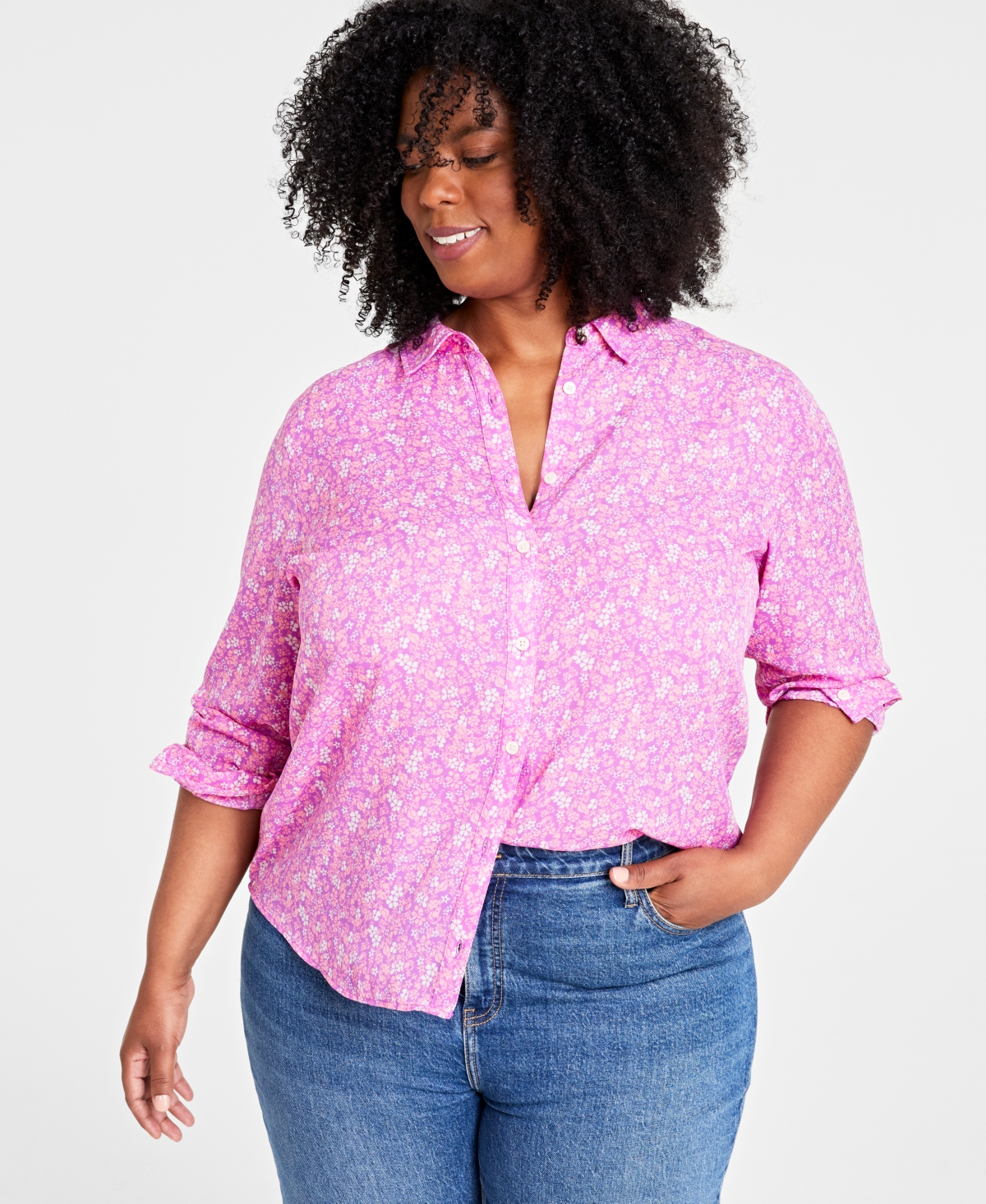 On 34th Trendy Plus Size Floral Button-up Shirt, Created For Macy's In Sweet Orchd Cmb