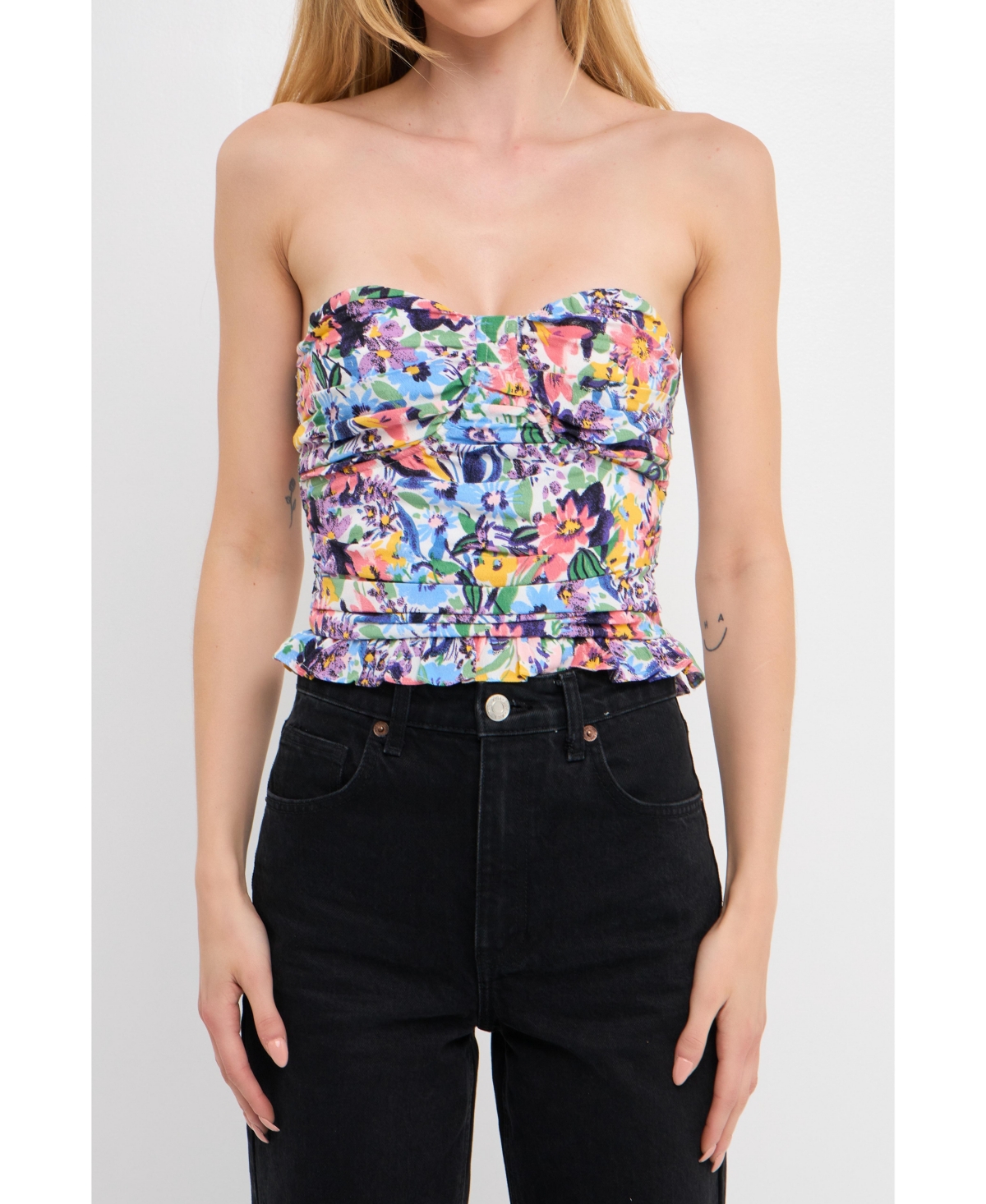 Women's Floral Ruched Strapless Top - Multi