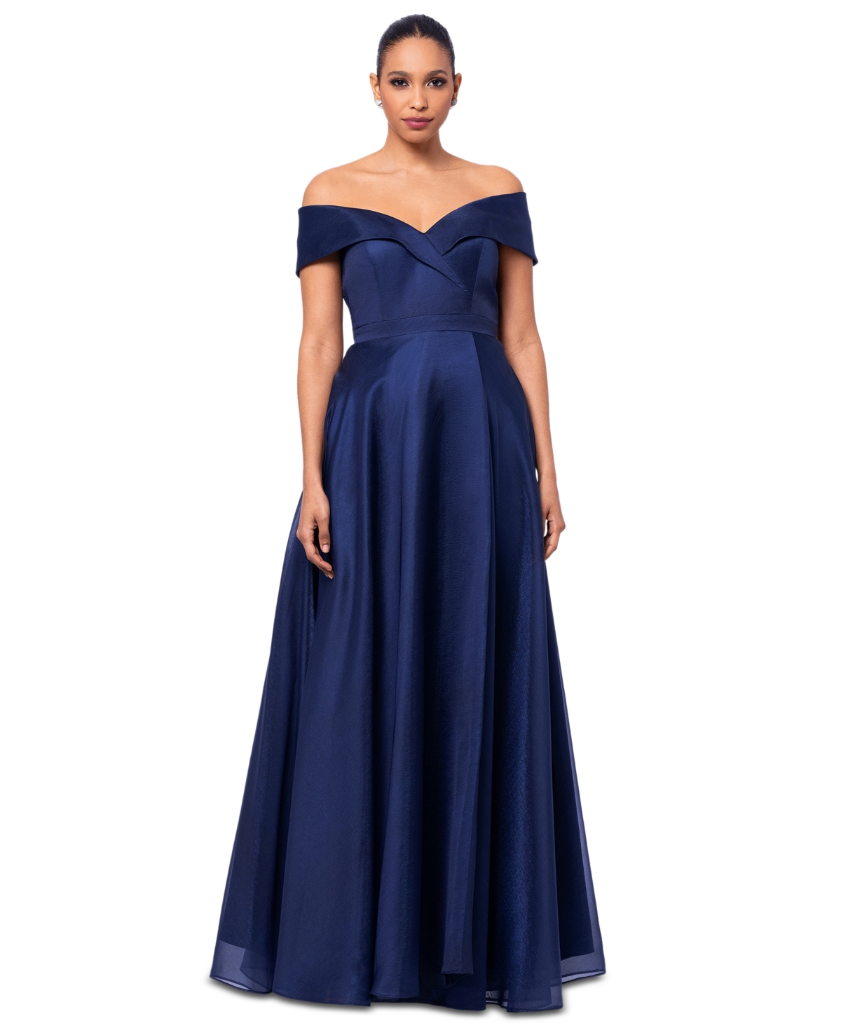 Petite Off-The-Shoulder Organza Gown - Navy
