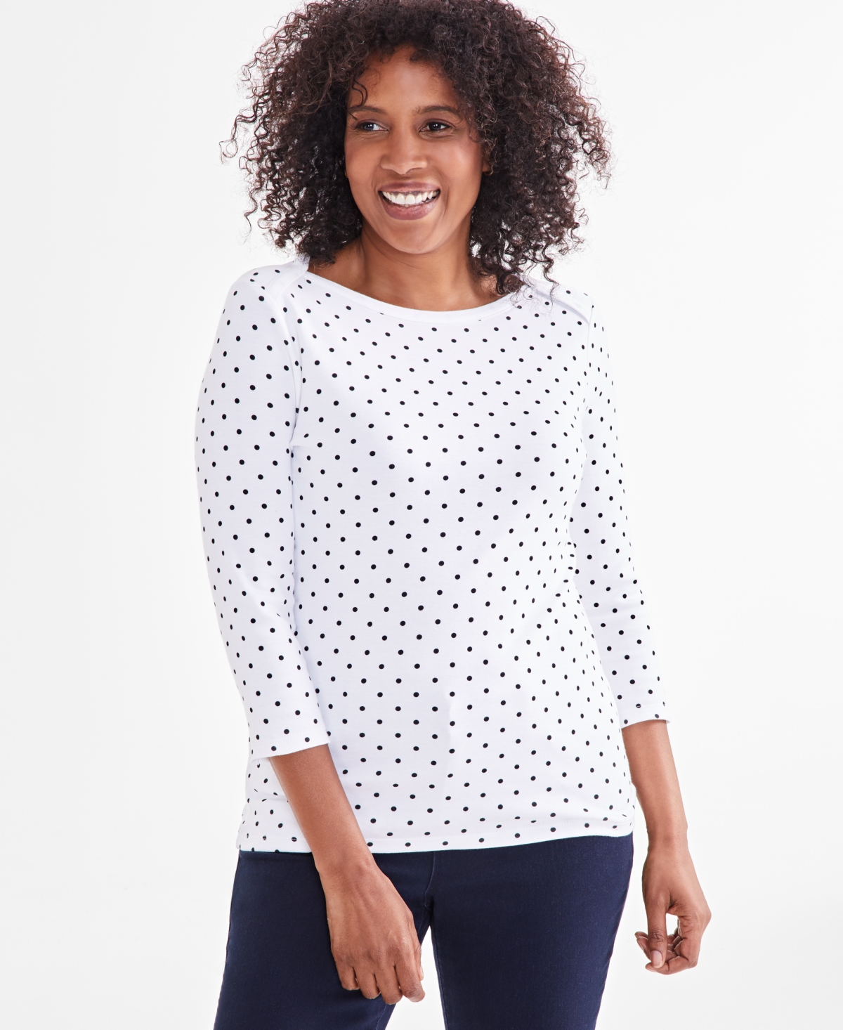 Women's Printed Pima Cotton 3/4-Sleeve Top, Created for Macy's - Dot White Black