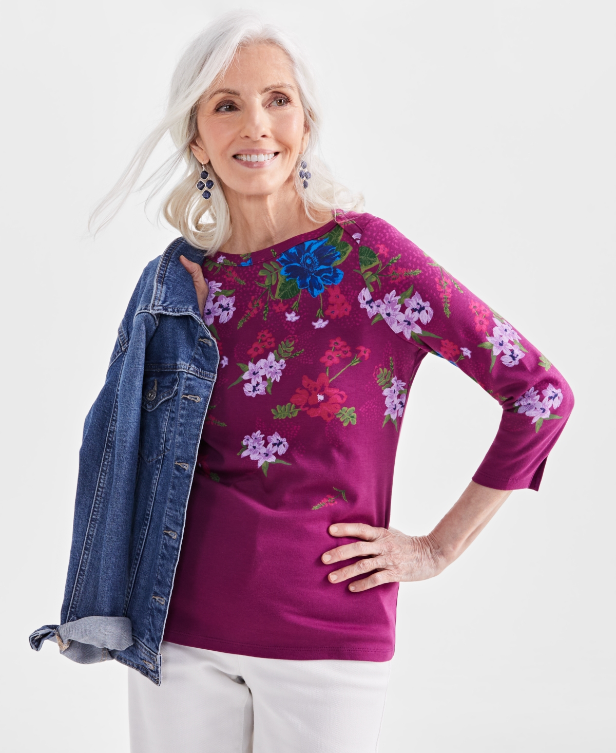 Women's Printed Pima Cotton 3/4-Sleeve Top, Created for Macy's - Floral Purple