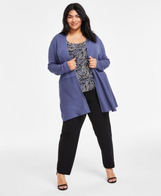 Plus Size Monterey Open Front Cardigan Reversible Printed Tank Top Hollywood Waist Pull On Ankle Pants