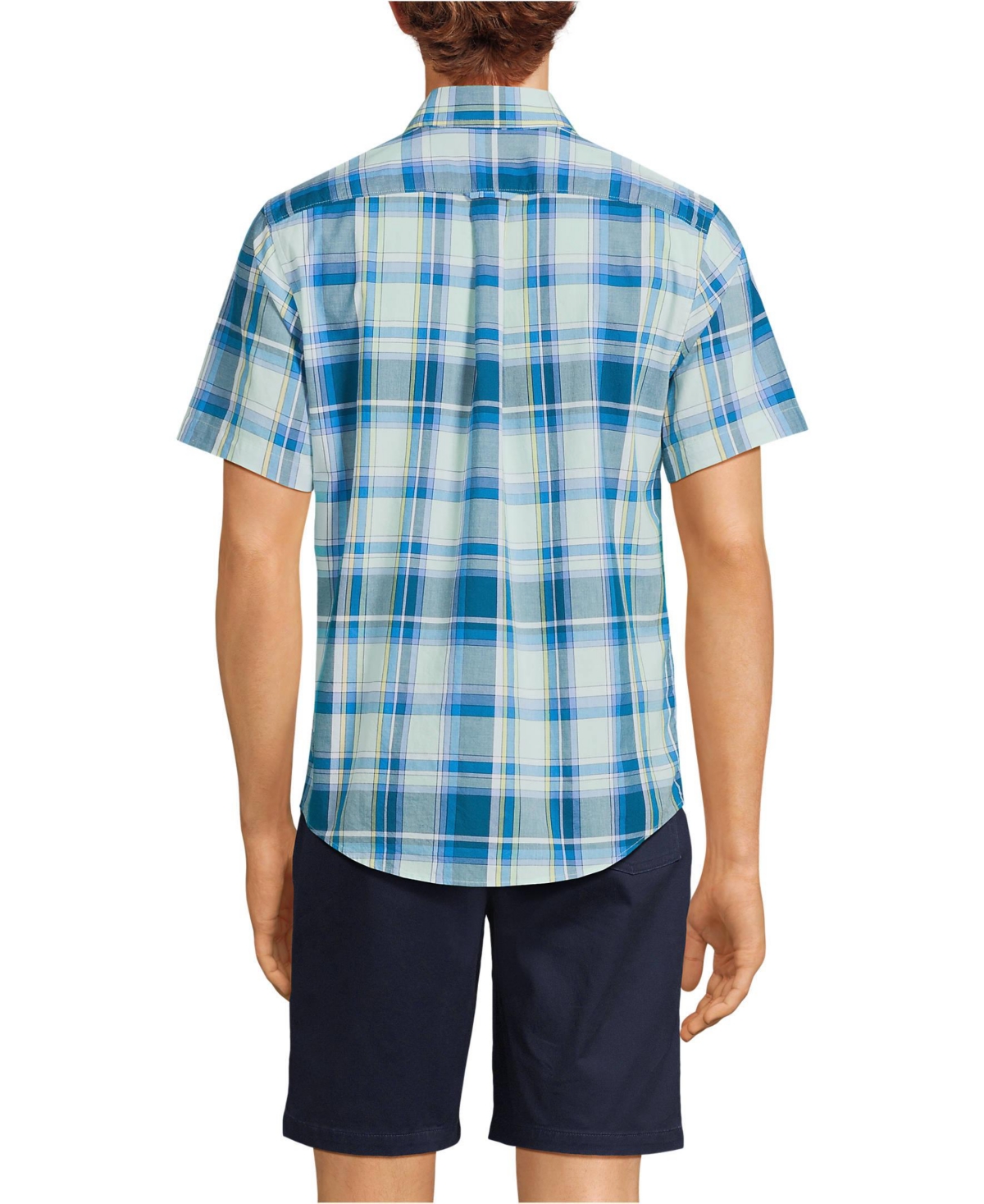 Lands' End Men's Traditional Fit Short Sleeve Madras Shirt -green plaid