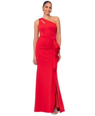 Xscape Evenings Off The Shoulder Ruffle Scuba Crepe Gown in Black at , Size 6