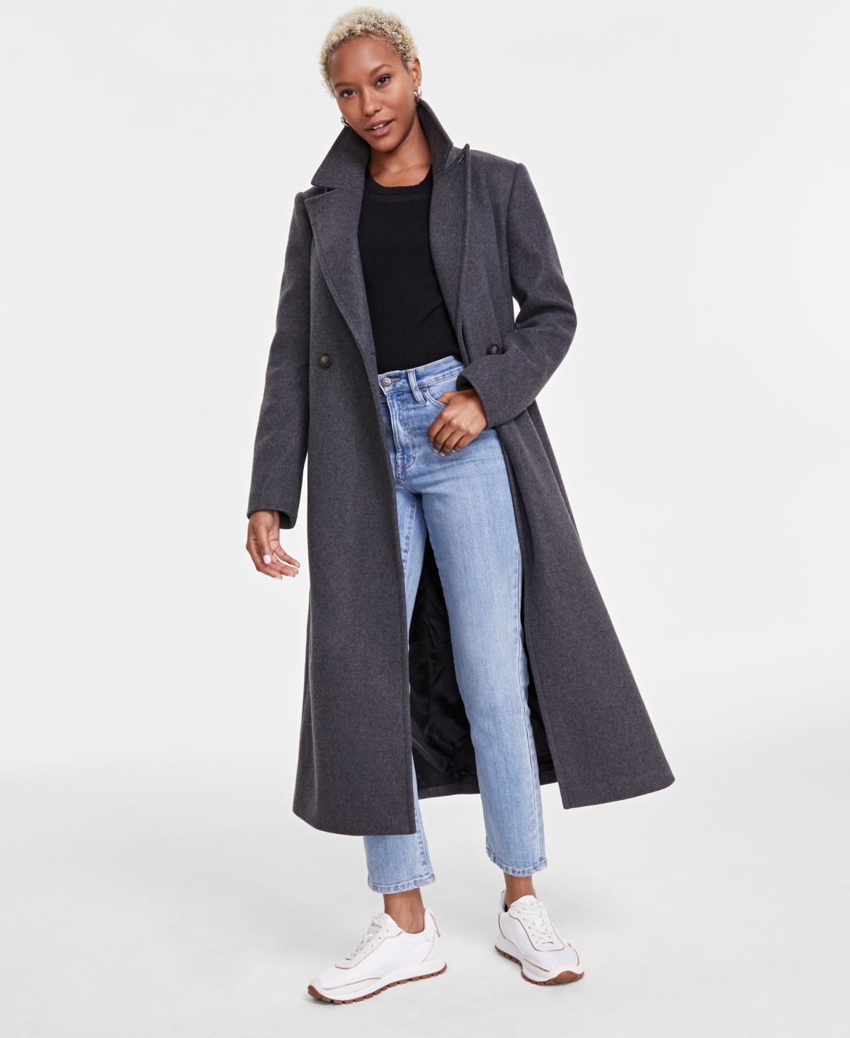 Dkny Women's Notched-collar Double-breasted Wrap Coat In Med Grey