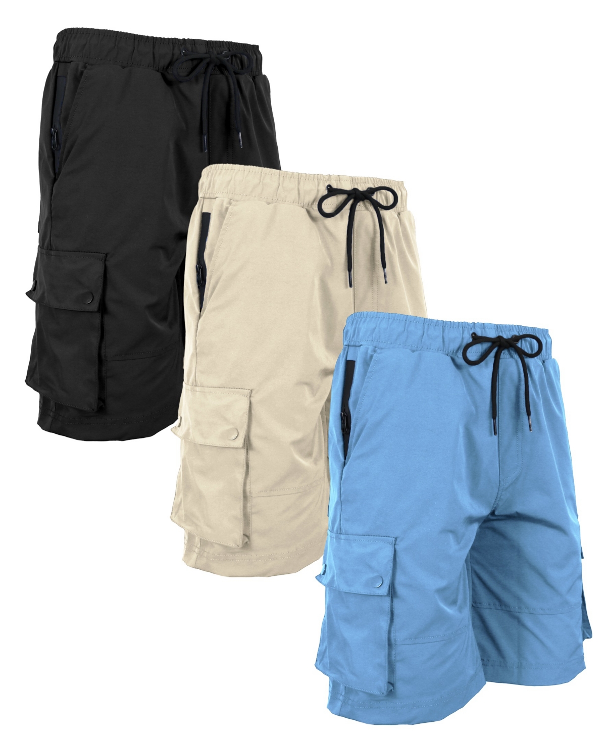 Men's Moisture Wicking Performance Quick Dry Cargo Shorts-3 Pack - BLK-SAND-LIGHT BLUE