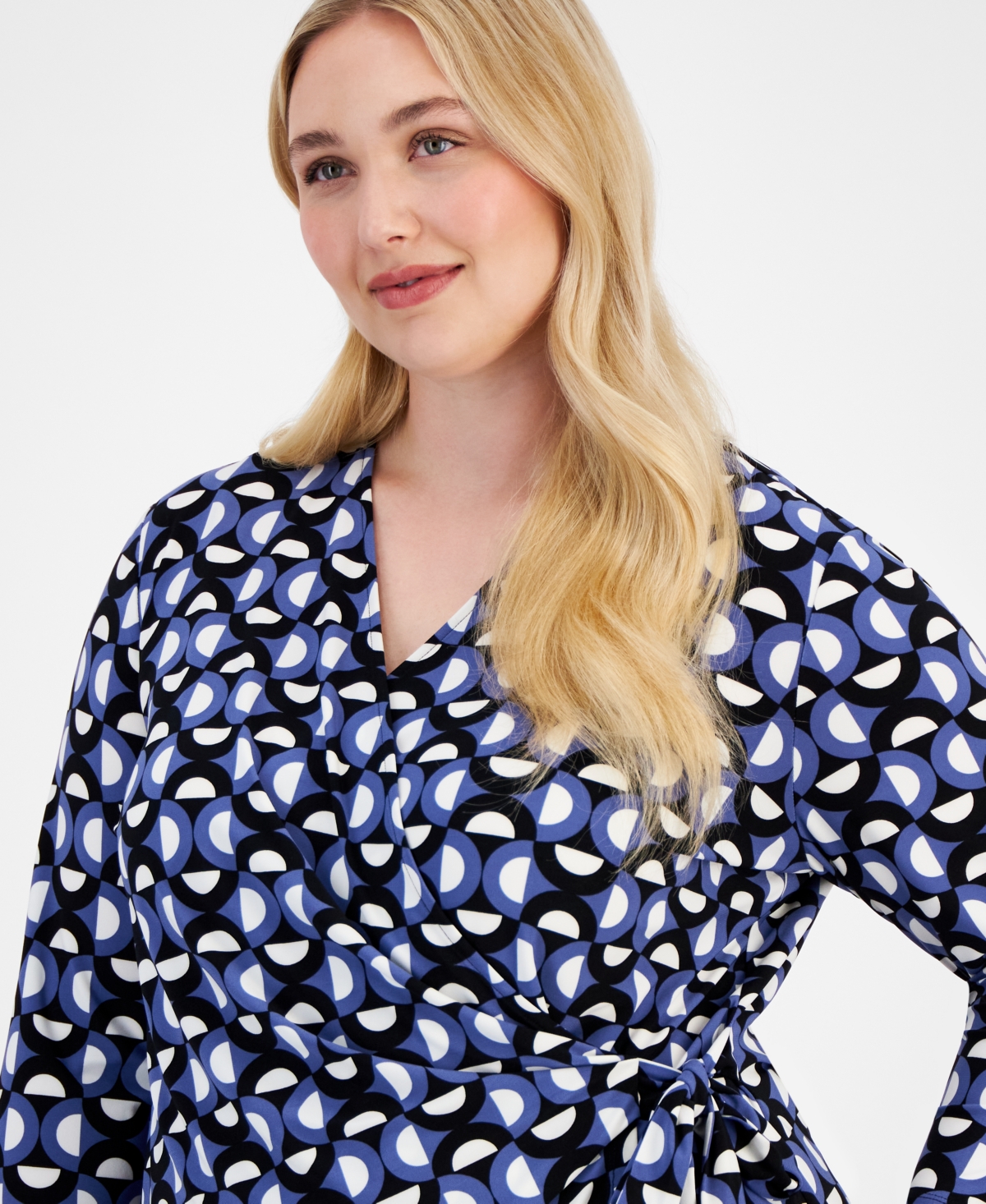 Anne Klein Plus Size Printed Side-Tie 3/4-Sleeve Top -Anne Black