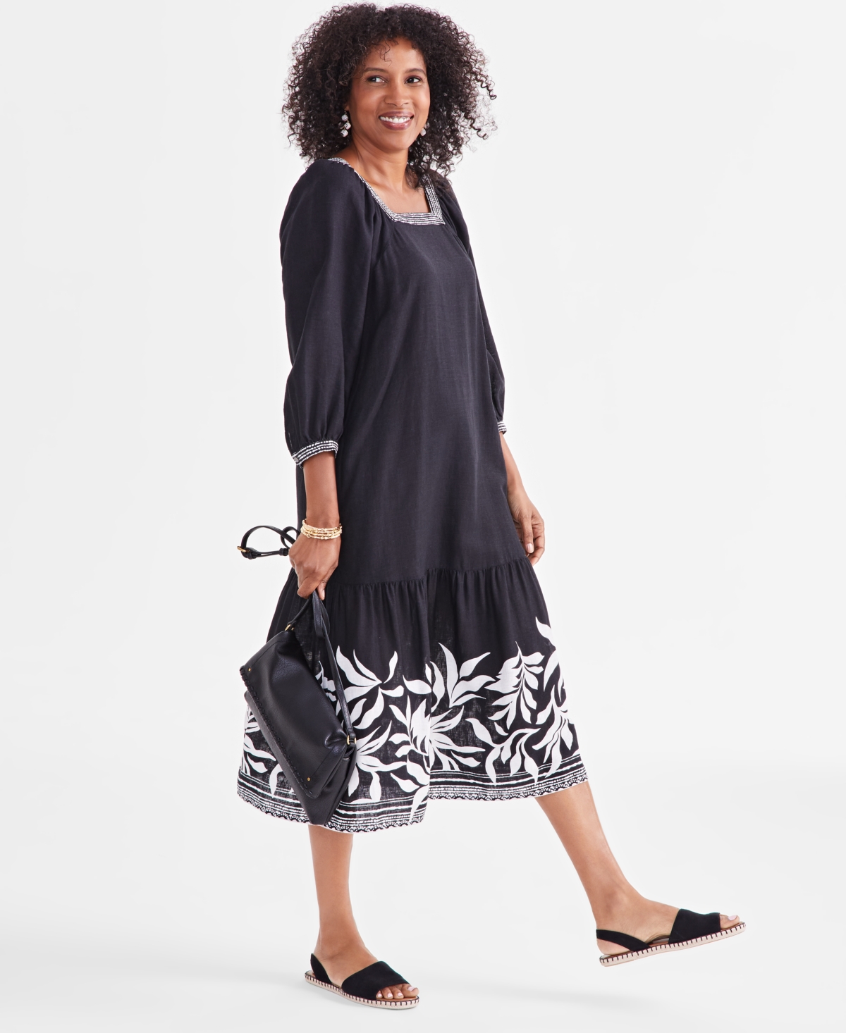 Style & Co Women's Printed Square Neck Midi Dress, Created for Macy's