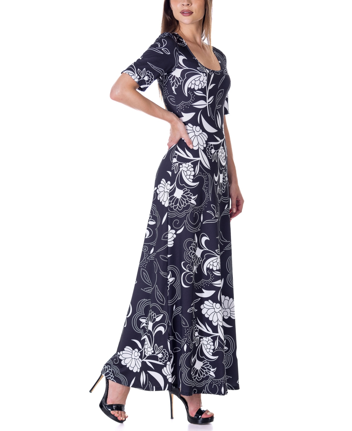 Shop 24seven Comfort Apparel Women's Print Elbow Sleeve Casual A Line Maxi Dress In Miscellane