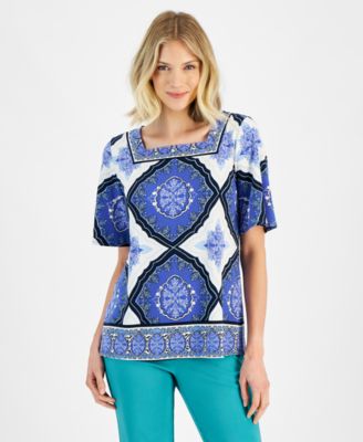 JM Collection - Women's Printed Square Neck Short Sleeve Top
