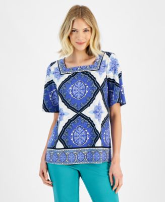 売れ筋商品|||ジェイエムコレクション カットソー トップス レディース Plus Size Printed Square-Neck Short-Sleeve Top, Exclusively at Macy's Neo Jade Combo 27723027_fpx.tif?$filterlrg$&