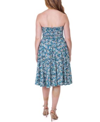 Teal Floral Strapless Tube Top Flowy Knee Length Dress