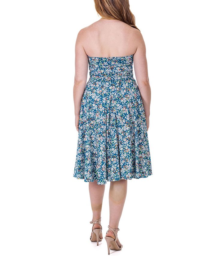 24seven Comfort Apparel Teal Floral Strapless Tube Top Flowy Knee ...