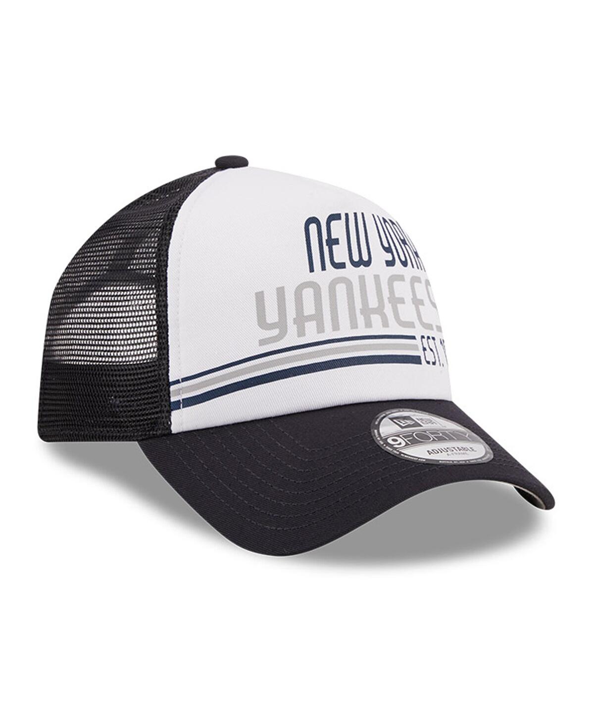 NEW ERA MEN'S WHITE/NAVY NEW YORK YANKEES STACKED A-FRAME TRUCKER 9FORTY ADJUSTABLE HAT 