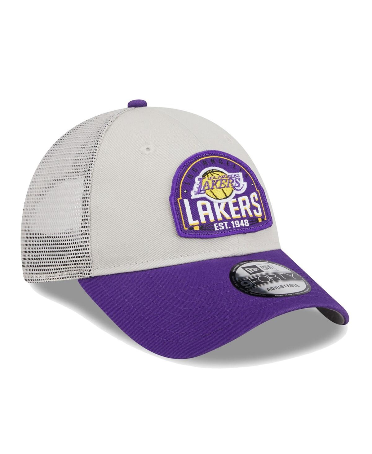 New Era Men's Khaki/purple Los Angeles Lakers Throwback Patch Trucker 9forty Adjustable Hat In Khaki Purp