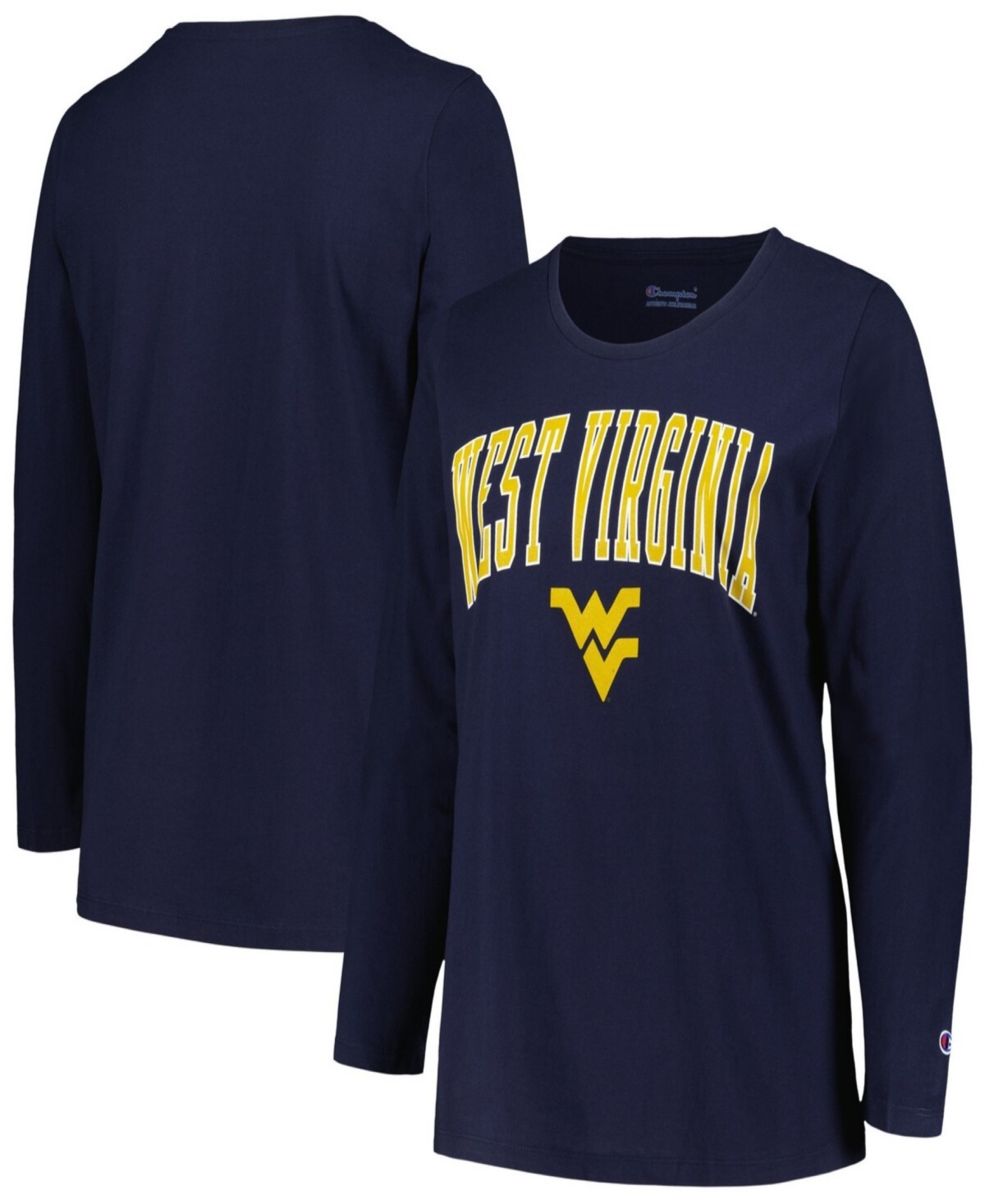 Shop Profile Women's Navy West Virginia Mountaineers Plus Size Arch Over Logo Scoop Neck Long Sleeve T-shirt