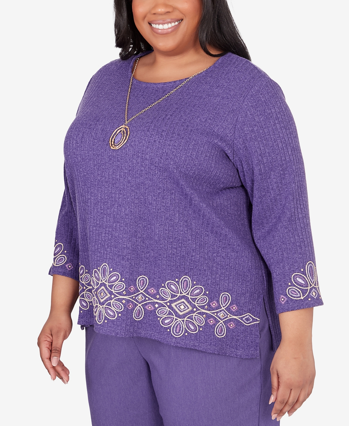 Alfred Dunner Plus Size Charm School Embroidered Medallion Top with Necklace
