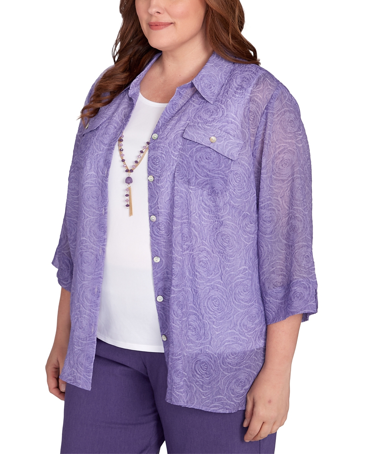 Shop Alfred Dunner Plus Size Charm School Engraved Floral Two In One Top In Iris
