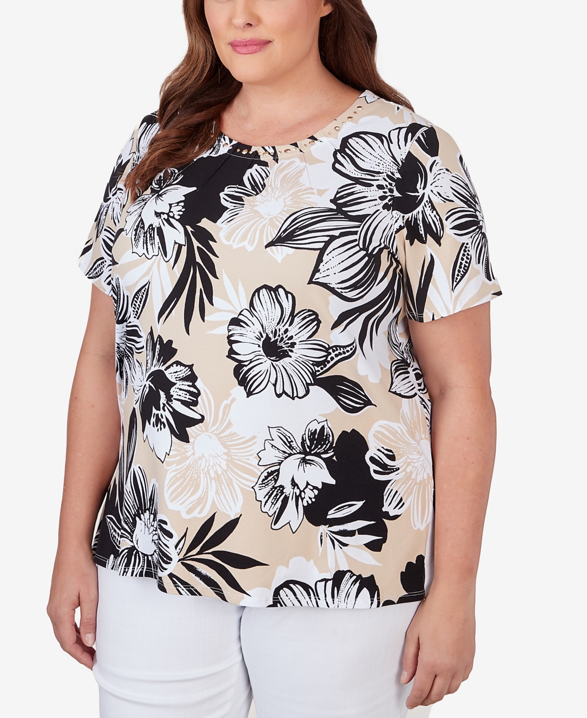 Shop Alfred Dunner Plus Size Pleated Neck Bold Floral Short Sleeve Tee In Black,tan