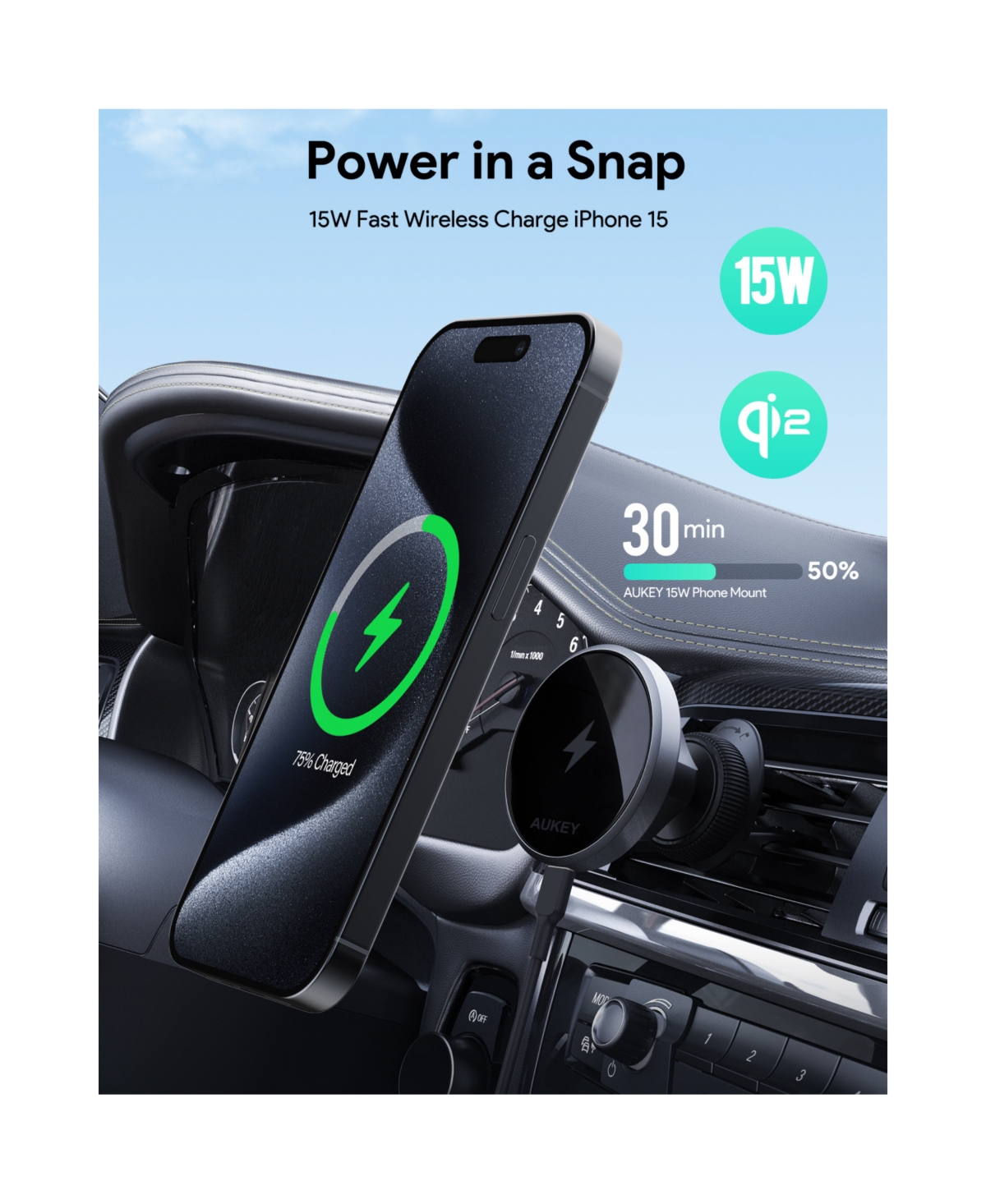 Aukey Hd-MC13 MagFusion Dash Qi2 Certified 1m Magnetic Fast Wireless Charging Phone Mount Usb C-c Cable Included