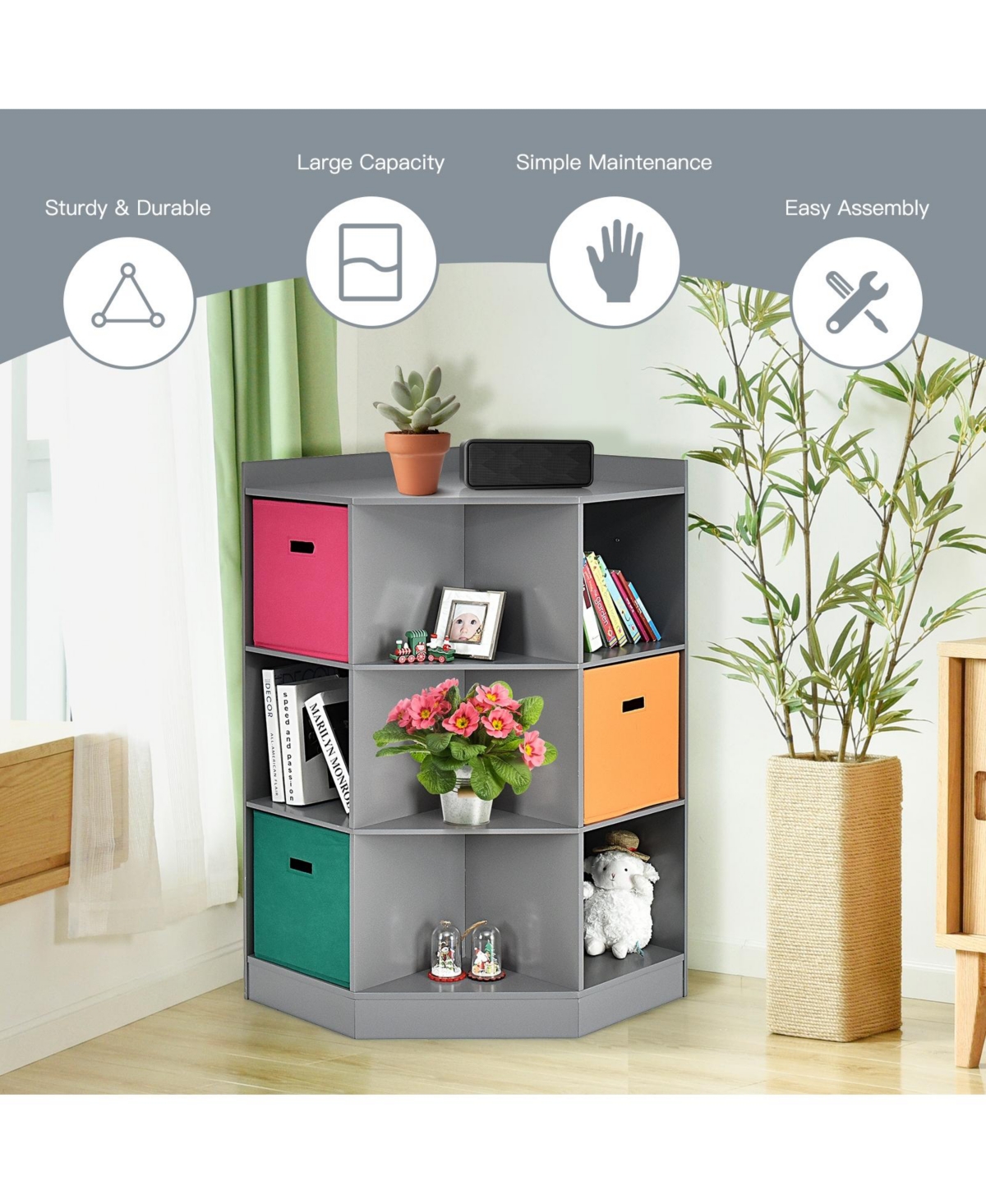 Slickblue 3-Tier Kids Storage Shelf Corner Cabinet with 3 Baskets