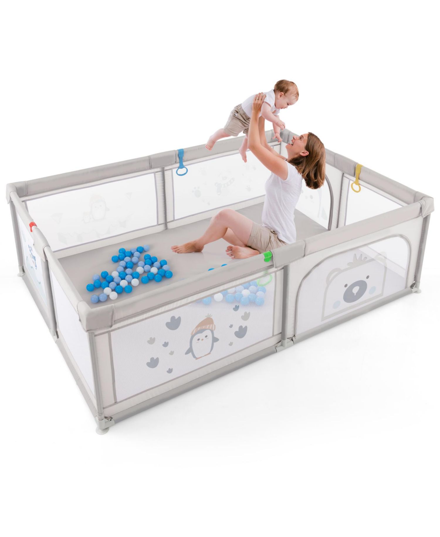 Toddler Large Playpen with Pull Rings Ocean Balls and Cute Pattern-Penguin