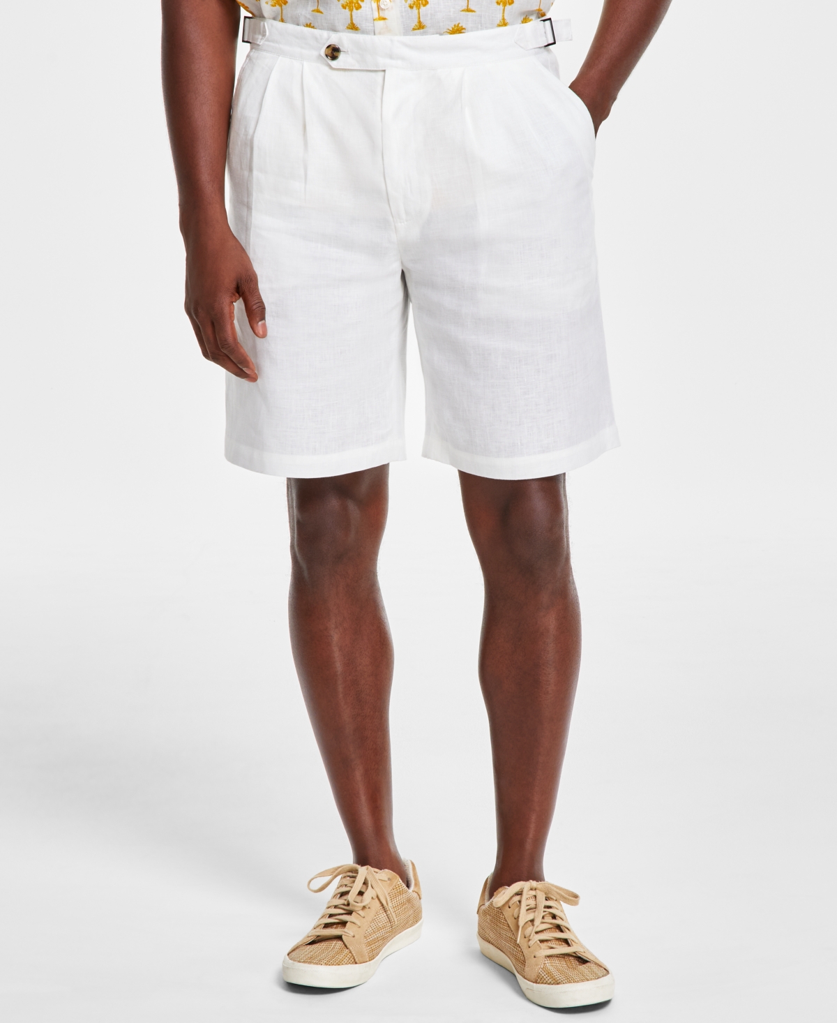 Men's Regular-Fit Pleated 9" Linen Shorts, Created for Macy's - Winter Ivory