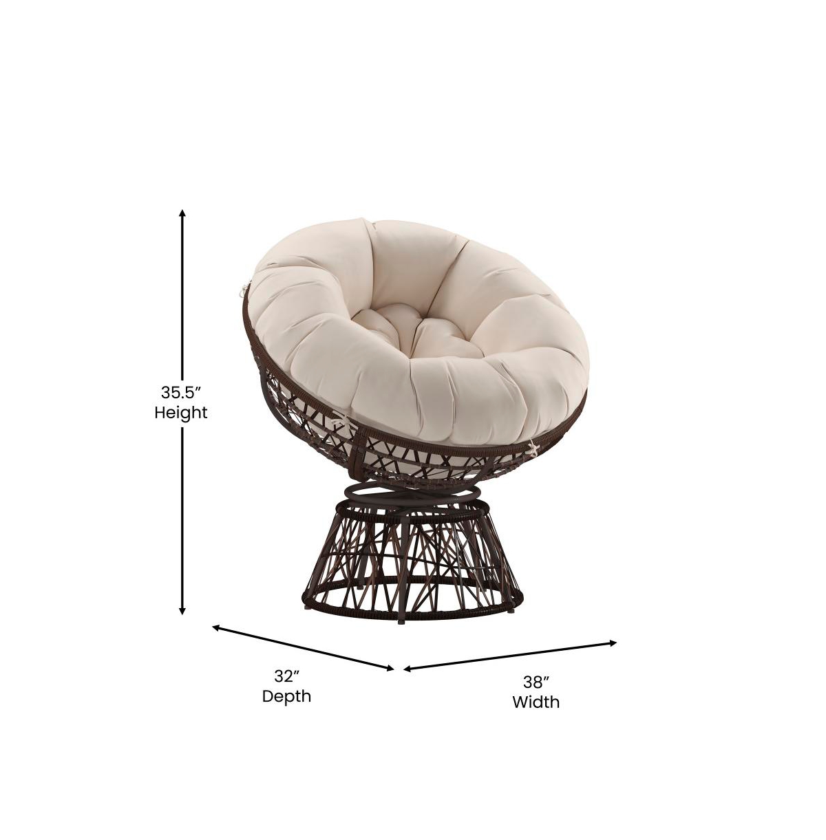 Papasan Style Woven Wicker Swivel Patio Chair With Removable All-Weather Cushion -beige