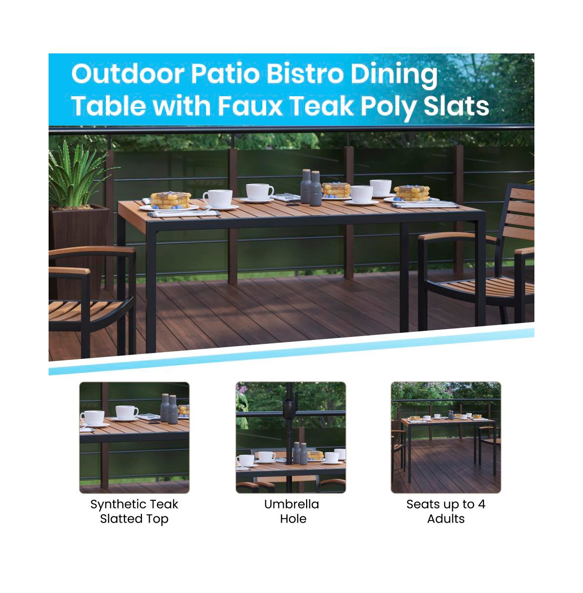 Calle 7 Piece Outdoor Faux Teak Poly Slat Outdoor Furniture Set - Table, 4 Chairs And Patio Umbrella And Base